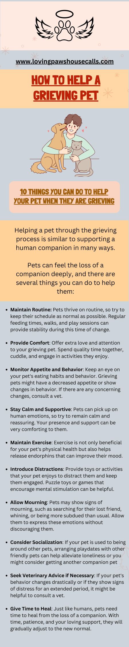 Infographic explaining 10 things you Can do to help your pet When they are Grieving